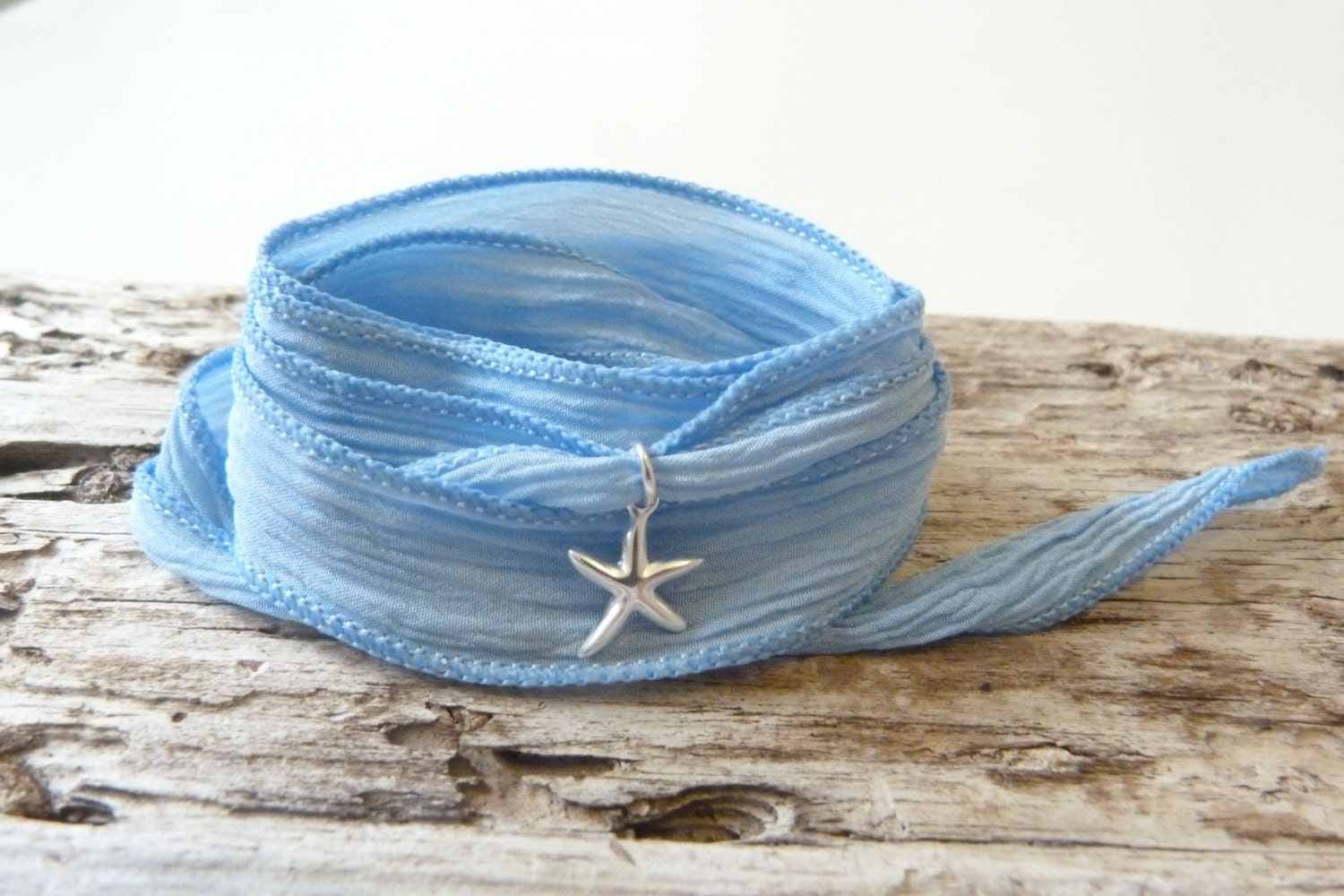 hand dyed silk wrap yoga bracelet baby blue sterling silver starfish