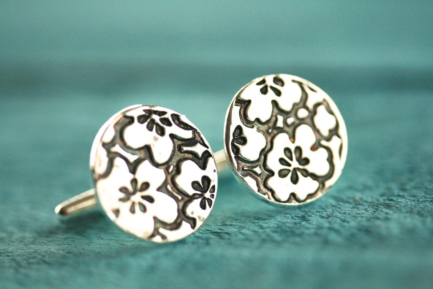 Pure Silver Japanese Cherry Blossom Cuff Links