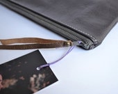 Large Leather Clutch Pouch in Deep Eggplant Purple with Dark Grey Vintage Metal Zipper
