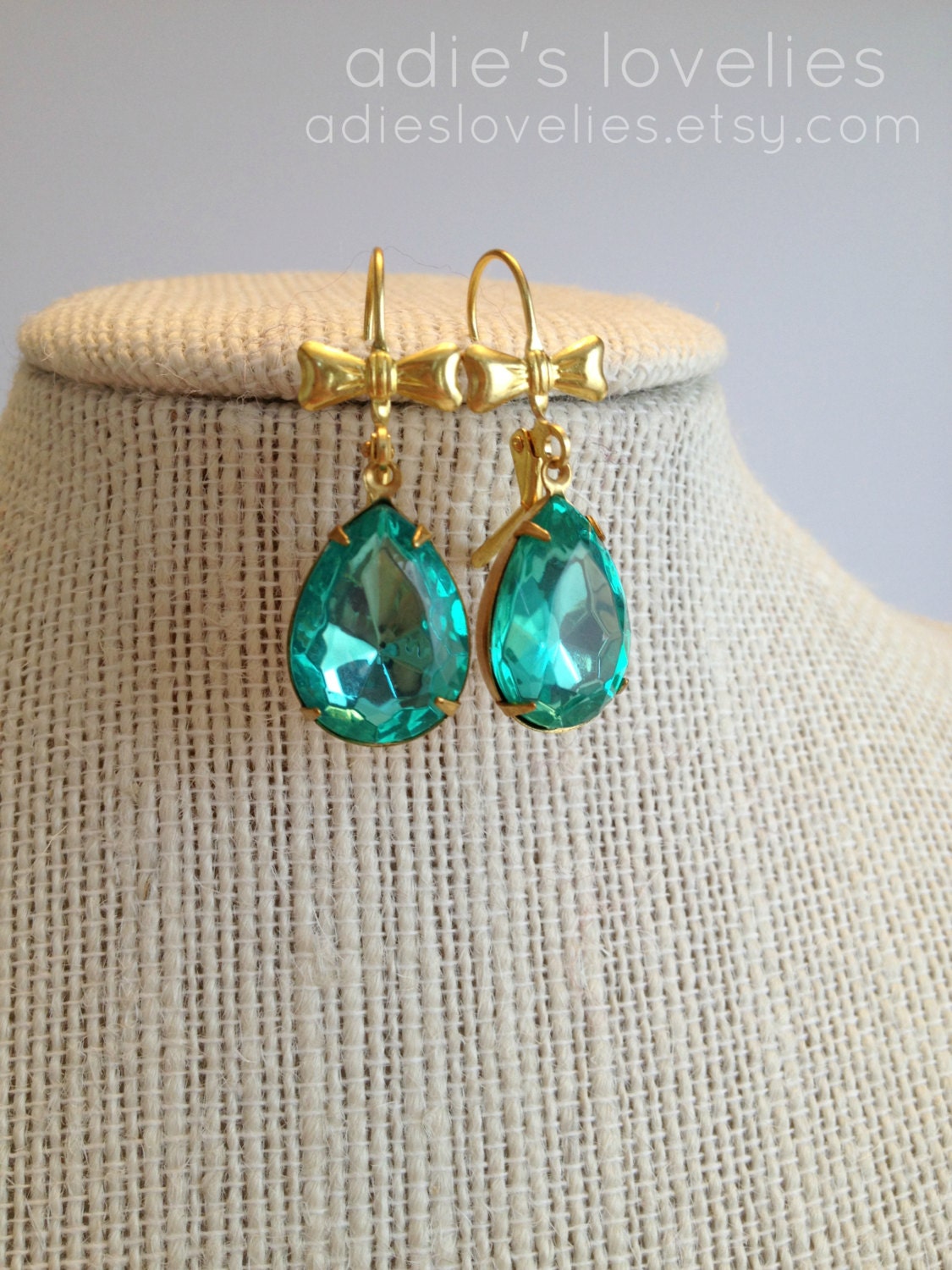 Vintage Teal Teardrop & Gold Bow Dangle Earrings
