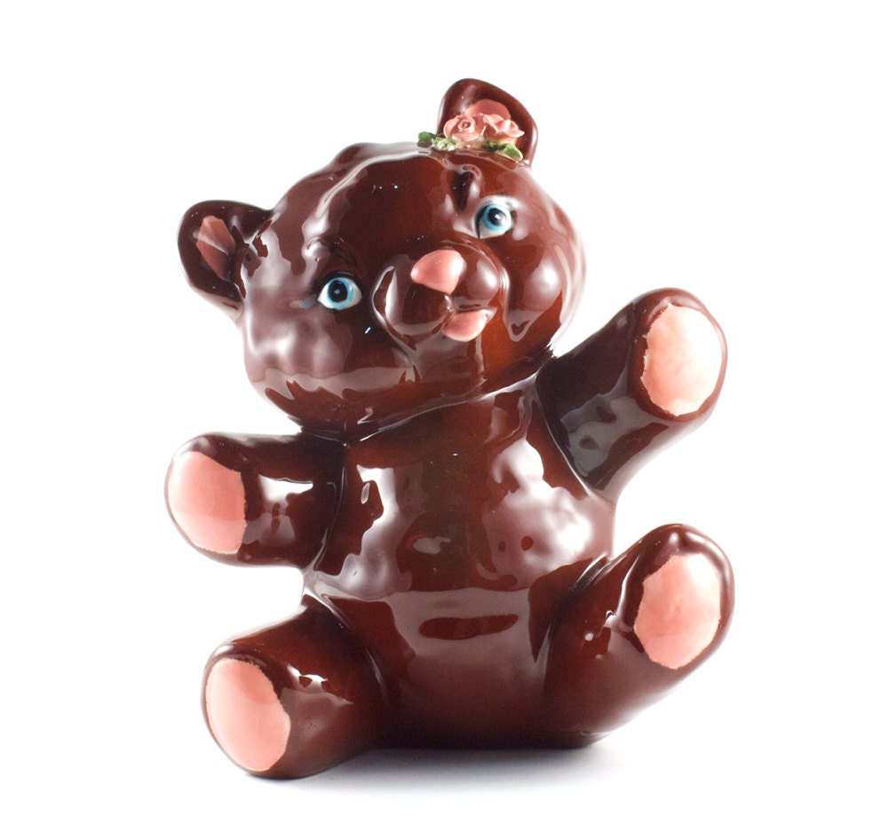 Chocolate Brown Teddy Bear Ceramic Figurine w Roses Kitsch Kawaii / Vintage 70s