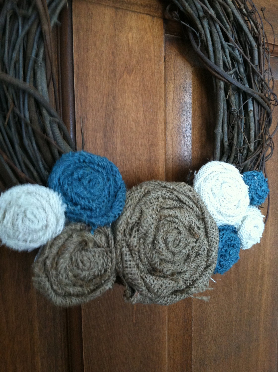 Burlap Removable Wreath Attachment in Ivory, Tan and Blue