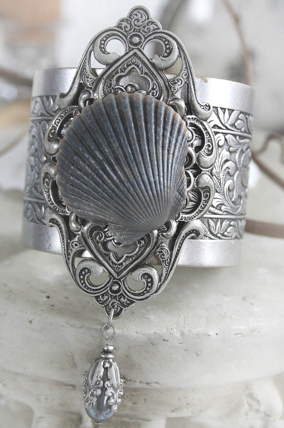 STORMY SEA Victorian ornate mermaid cuff bracelet with real seashell focal in aged silver, free gift pouch