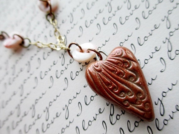 Stamped Heart Pendant Necklace Beaded Jewelry Victorian Copper Recycled White Vintage Button Polymer Clay Short Dainty Love Romantic