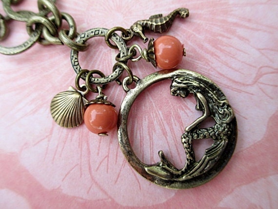 Coral Bead Necklace Beaded Jewelry Fantasy Beach Mermaid Seashell Seahorse Charm Necklace Nostalgia