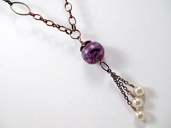 Pearl Lariat Necklace Handmade Beaded Jewelry Metallic Silver Pink Purple Women Boho Recycled Victorian Vintage Pearl