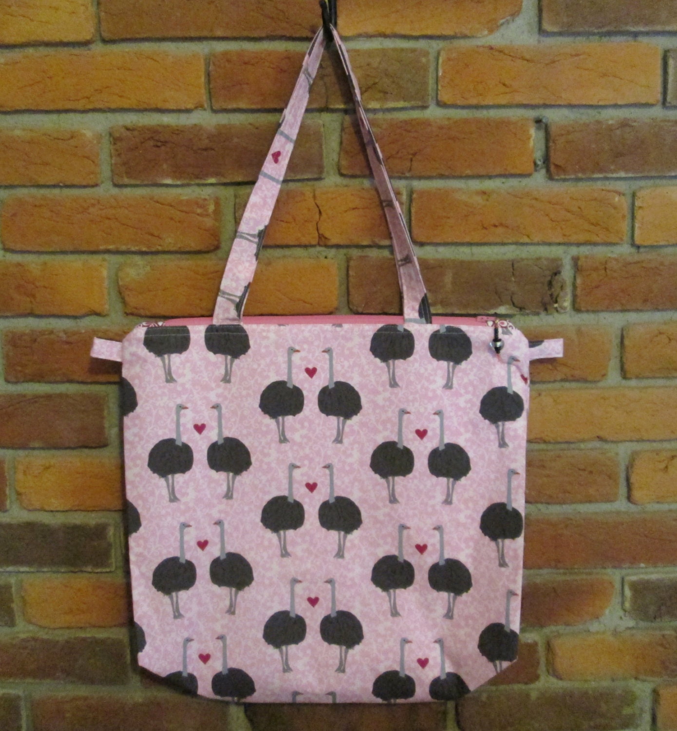 Extra Large Zippered Wedge Bag/Tote Bag - Ostriches in Love with glass foil heart bead zipper pull