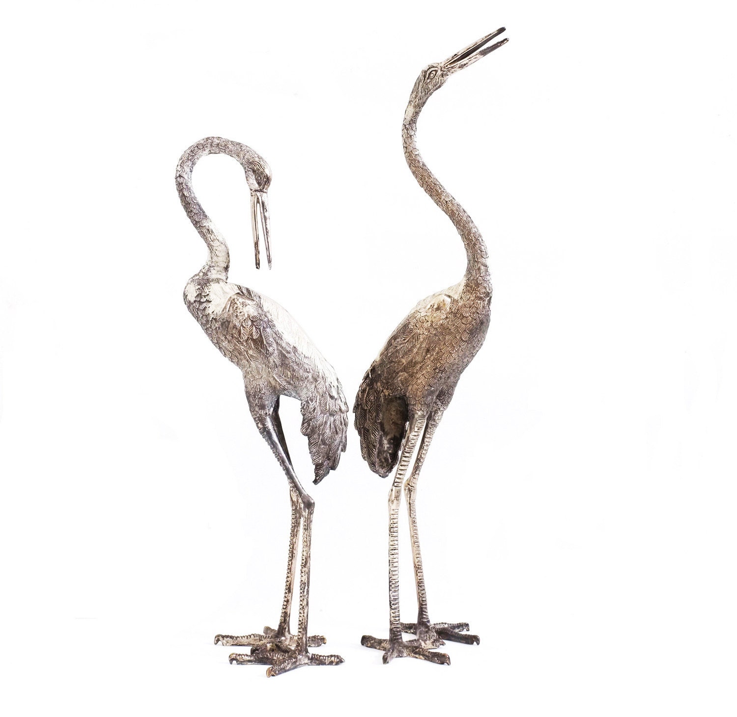 Huge Hollywood Regency Silvered Bronze Pair GARDEN CRANES. 1970s