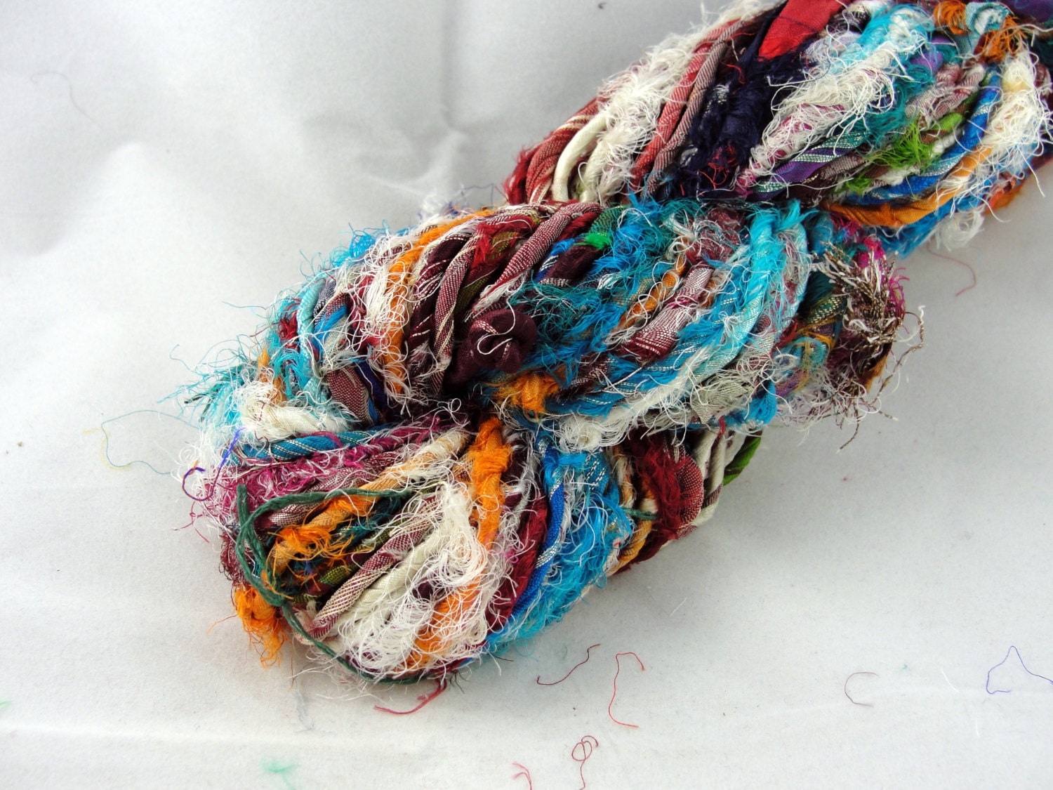 Spun Sari Silk Ribbon, Yarn Spun from Recycled Sari Silk Ribbon, Multicolor