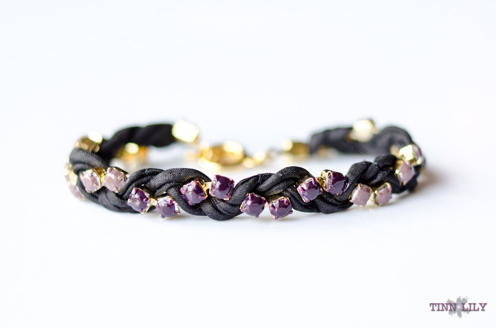 TINNLILY Black Ombre Rhinestone Braided Bracelet