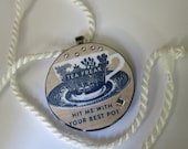 Tea Freak - Hit Me With Your Best Pot - Recycled / UPcycled Poker Chip Pendant Necklace With Swarovski Crystals