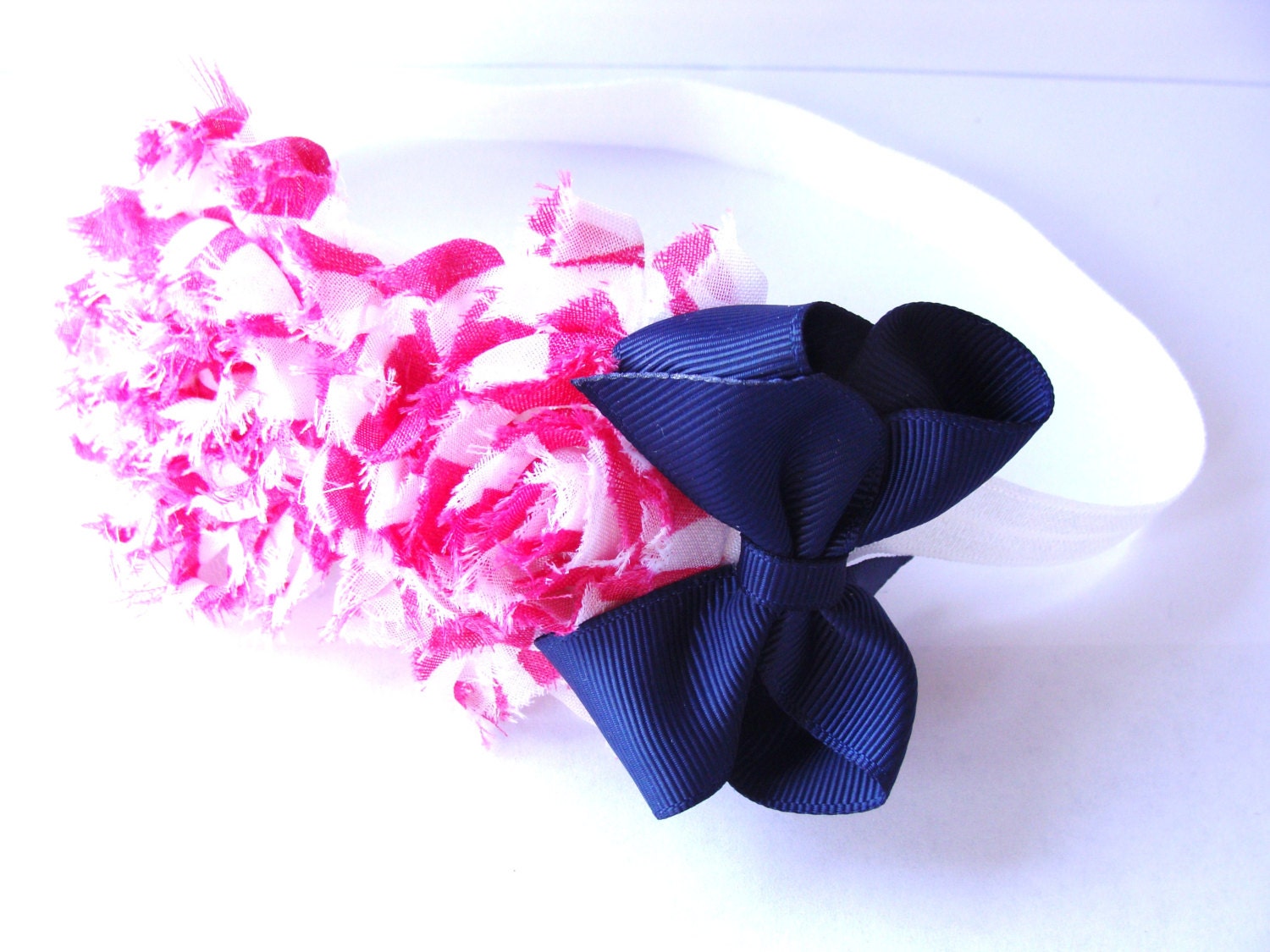 Shabby Headband- Hot Pink and White Striped Shabby Flower with Navy Blue Bow- Newborn, Infant, Toddler, Child, Teenager or Adult