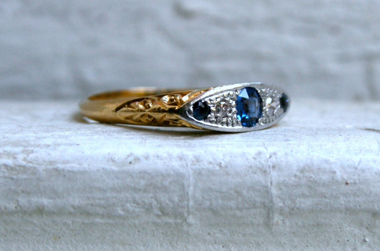 Lovely British Vintage 18K Yellow Gold/ Platinum Diamond and Sapphire Wedding Band - 0.38ct.