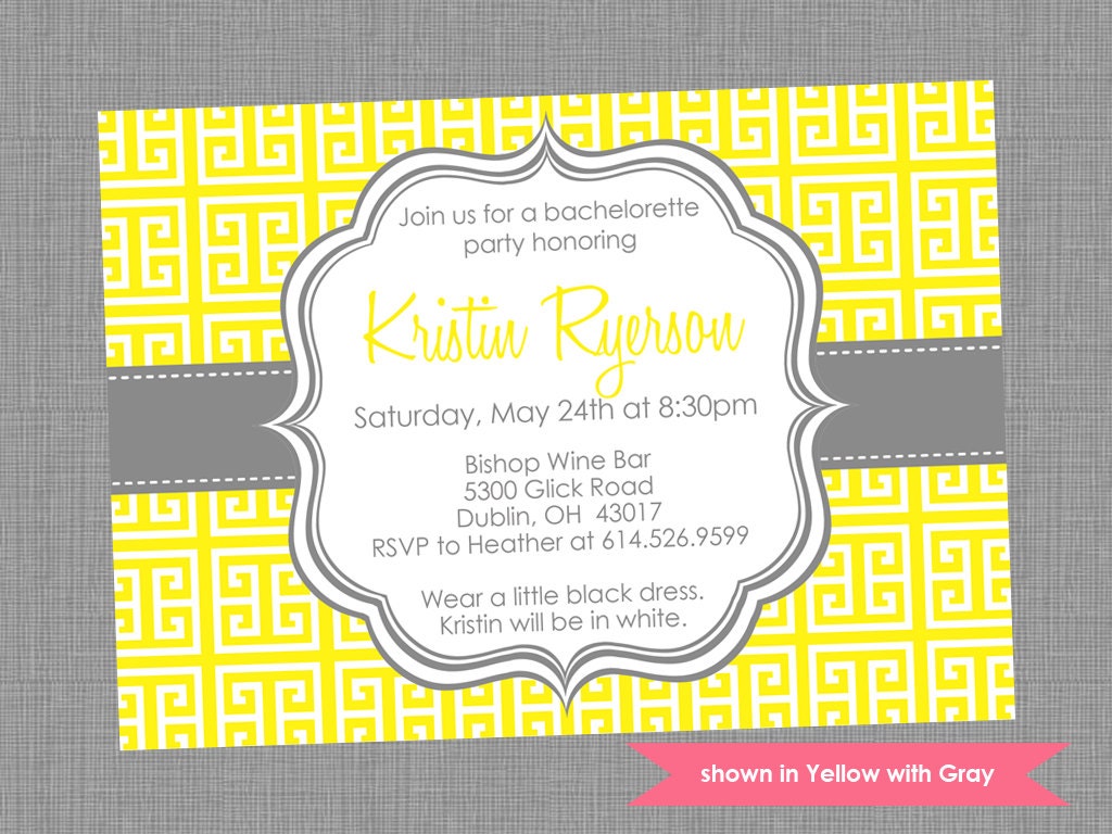 Bachelorette Party Invitation - Printable Bachelorette Themed Greek Keys Invite - Colors and Text Customizable Il_570xn