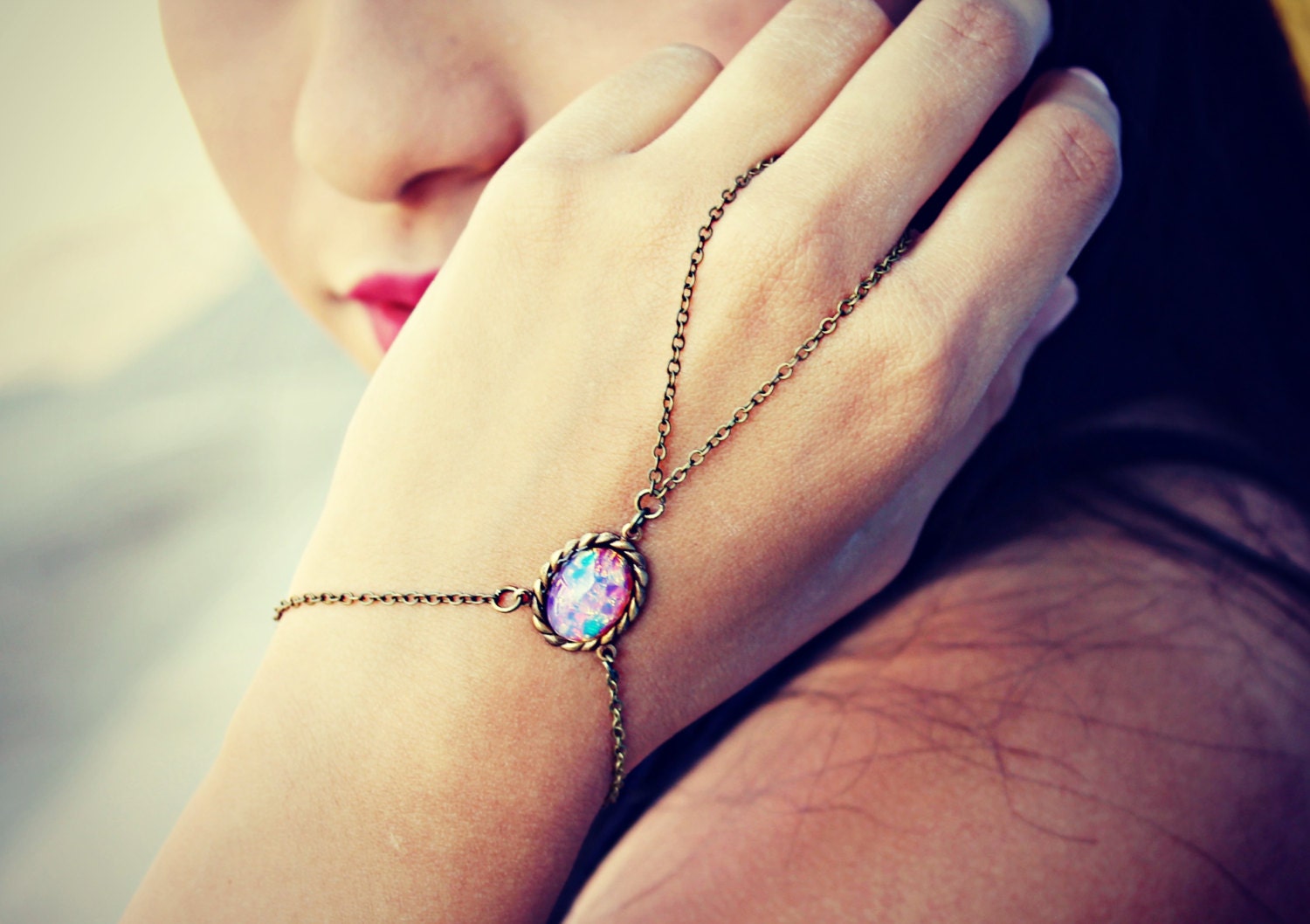 pink opal slave bracelet, ring bracelet, slave ring, unique bracelet, opal ring