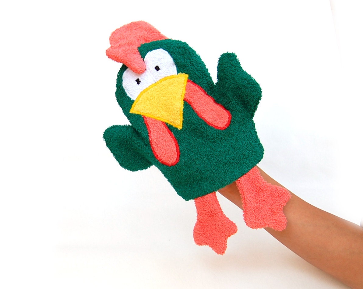 Wash cloth Baby Boy Gift - Rooster Cook green puppet