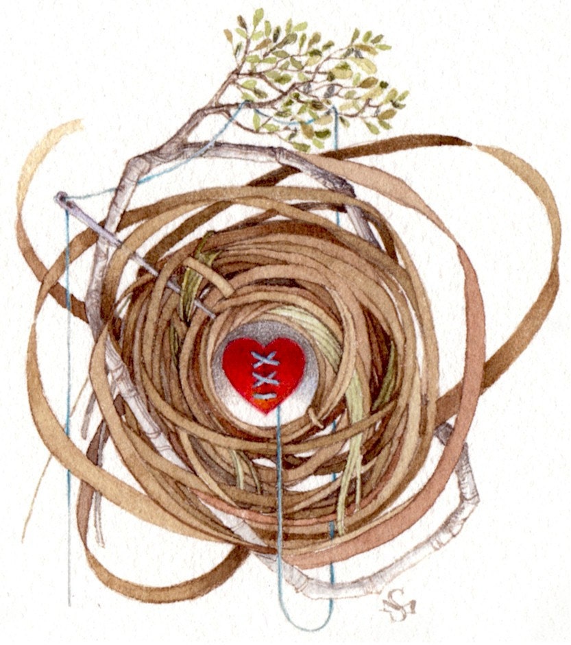 watercolor painting original Valentine mended heart nest