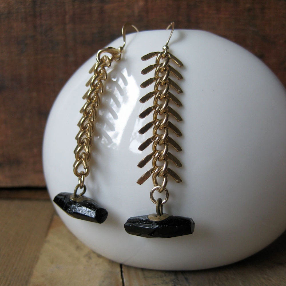 brass fishbone chain and victorian black glass BUTTON earrings
