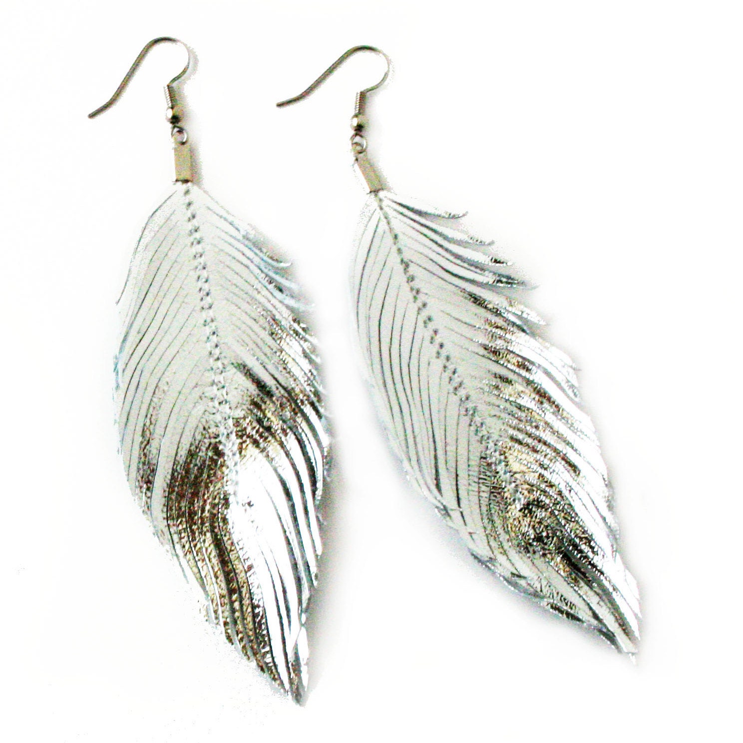 SILVER - Metallic Foil Lambskin Leather Feather Earrings