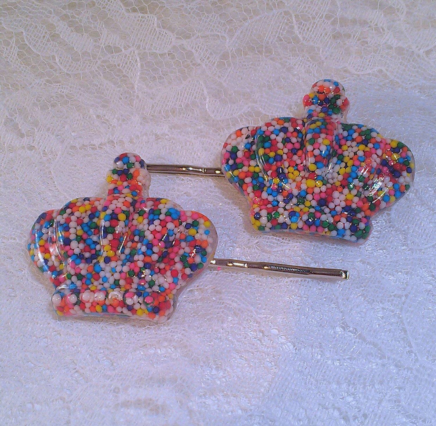 Candy Queen Real Candy Rainbow Sprinkles Resin Crown Tiara Bobby Pin Set