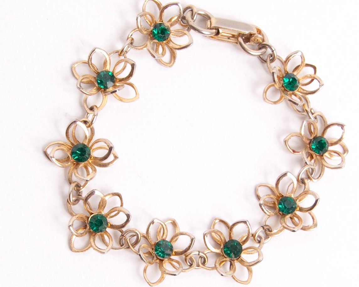 Vintage Emerald Bracelet - Green Rhinestones - Gold Daisy Flowers - Mad Men Jewelry