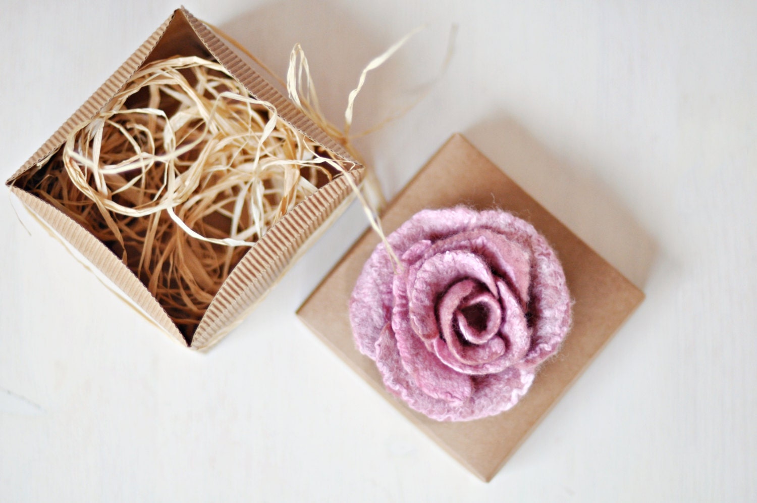 Ready to ship - Pink flower brooch - Bonjour - With paper box - Wool Silk - Pink, Pastel pink handmade accessory