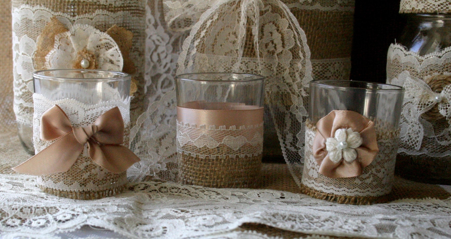 Shabby chic satin and ivory lace wedding tea candles, Burlap wedding decor