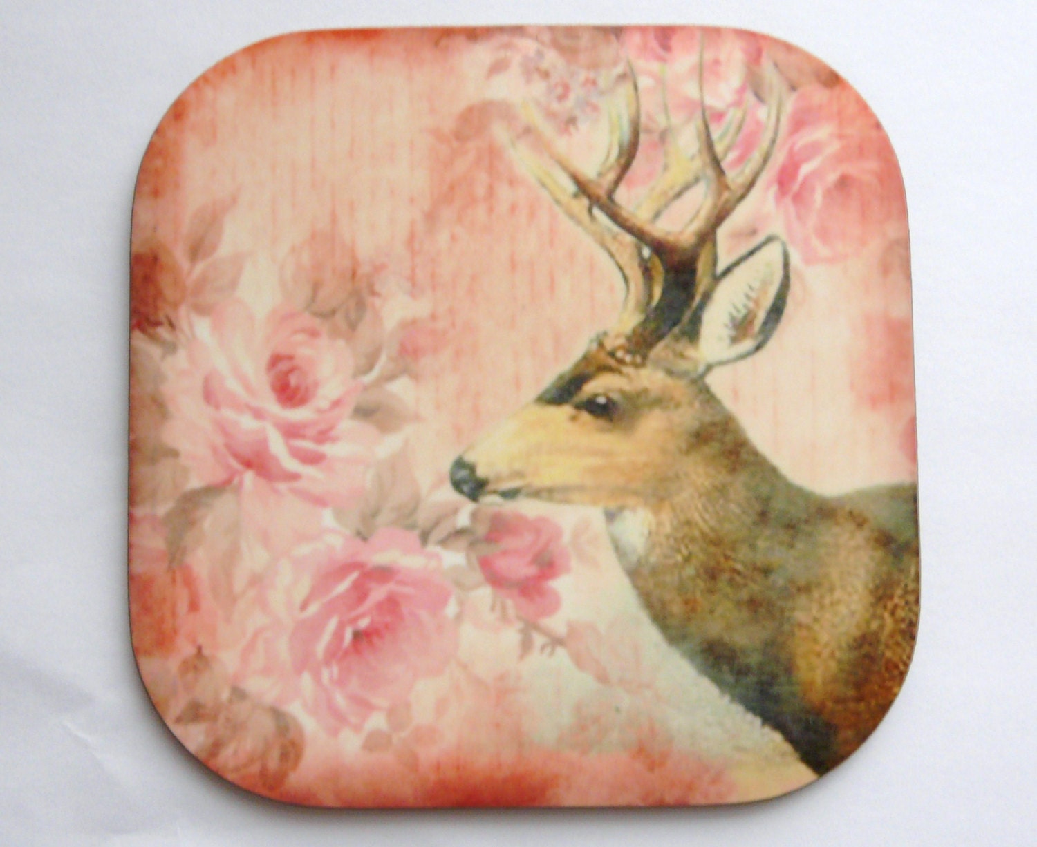 Deer  Coaster, Pink Flowers, Shabby Chic Coaster, Nature Coasters, Animal Coaster
