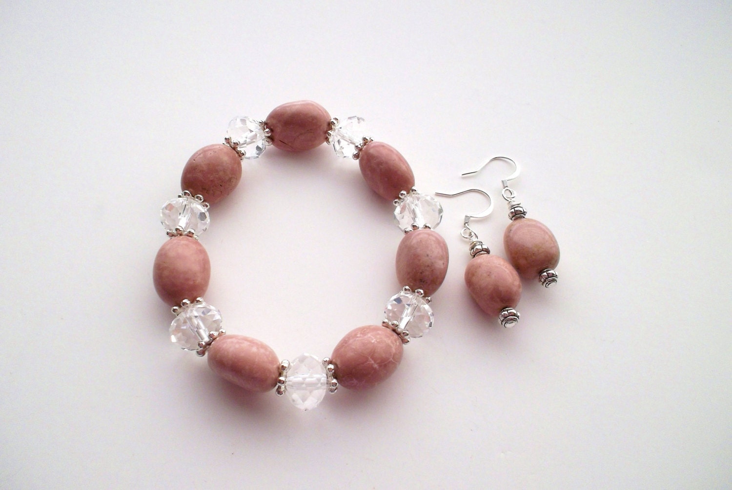 Chunky Natural Pink Stone Beaded Stretch Bracelet and Earring Set
