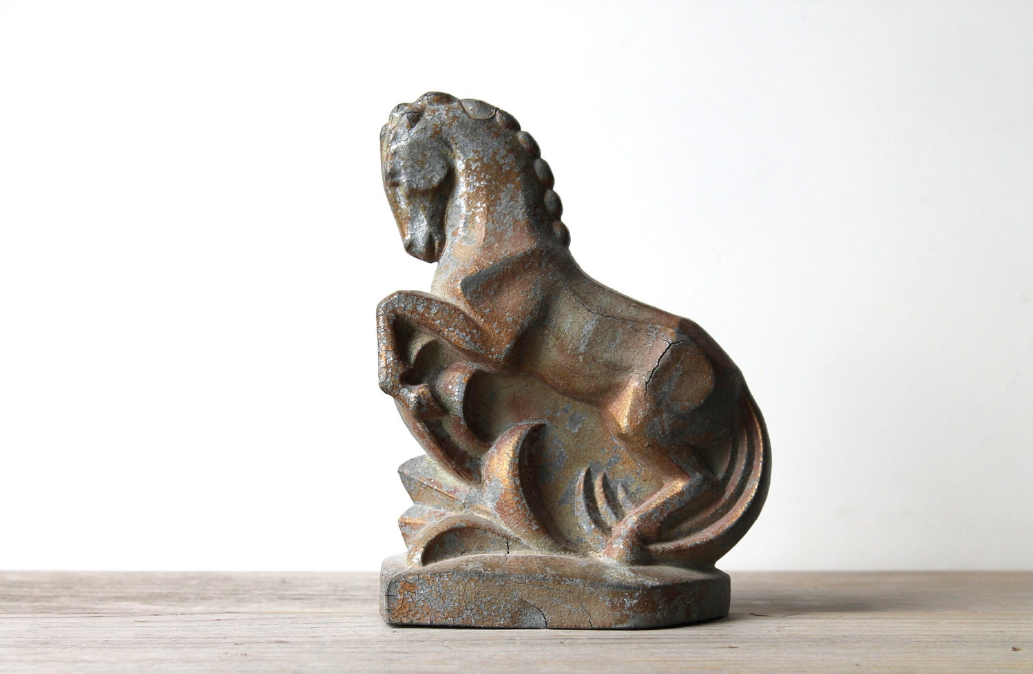 Vintage metal horse statue / cast metal / art deco style / classic / home decor / country manor style / Gothic horse / patina
