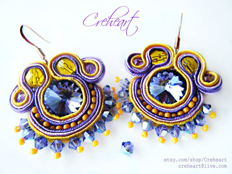 OOAK Handmade Earrings - Soutache - Swarovski Crystal Rivoli, Czech Beads, Lavender, Purple, Yellow - PROMOTION