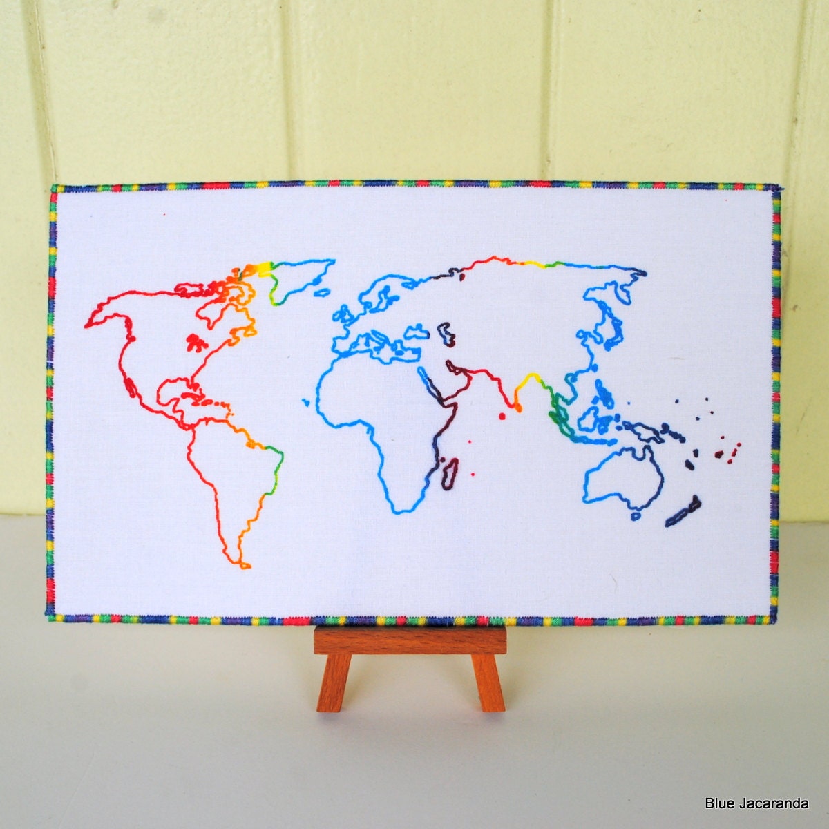 World Map Screenprint in Rainbow Colors - Large Fabric Art Card