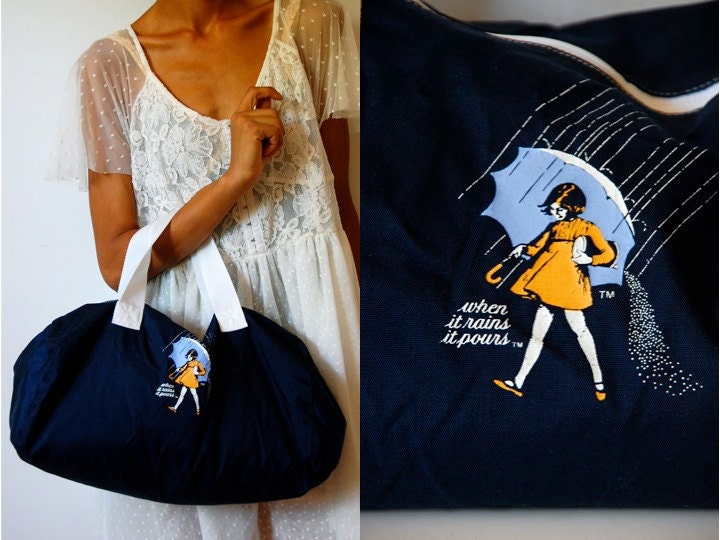 Vtg Rainy Day Morton Salt Girl Printed Duffle Bag