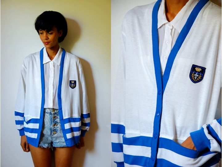 Vtg Retro Striped Blue White Fleur de Lys Patched Cardigan