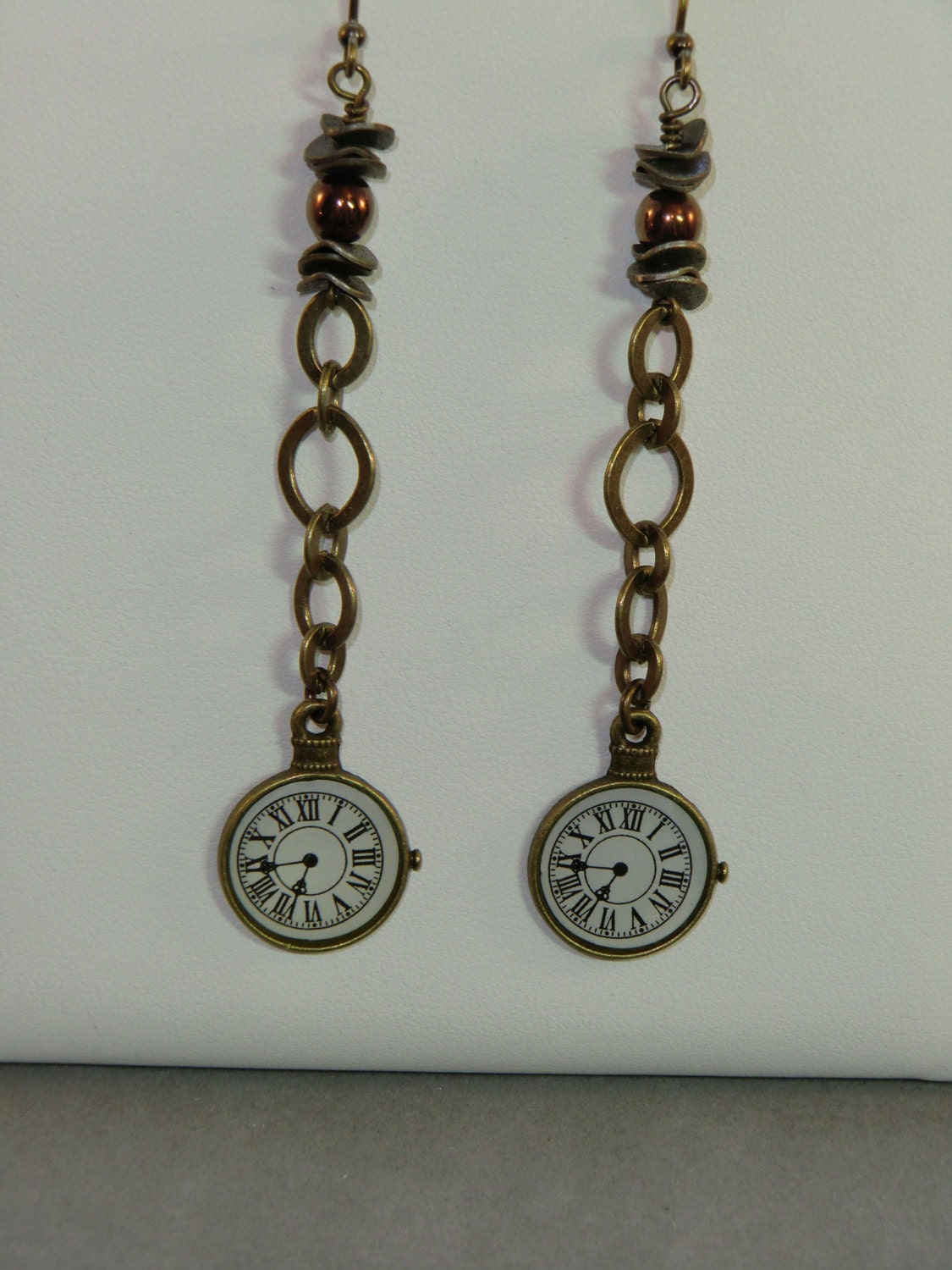 Clock steam punk long dangle earrings, antique brass clock face industrial earrings