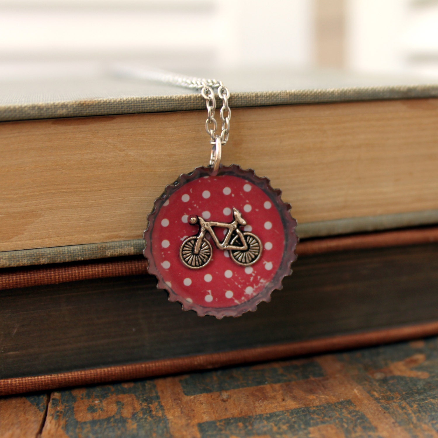 Bicycle, Recycled Bottle Cap, Charm Necklace, 22" Chain, Multiple Color Options, Made to Order, Gift Under 15 - lostlittlethings