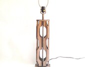 Wood Sculpted Cutout  Mid Century Danish Modern Hollywood Regency Table Lamp Brown Gold Extra Tall