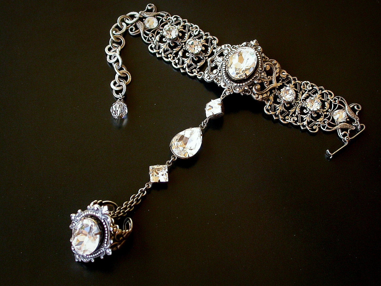 Silver Swarovski  Crystal Slave Bracelet with Ring  - Victorian Jewelry - Wedding Jewelry - Victorian Bridal Bracelet