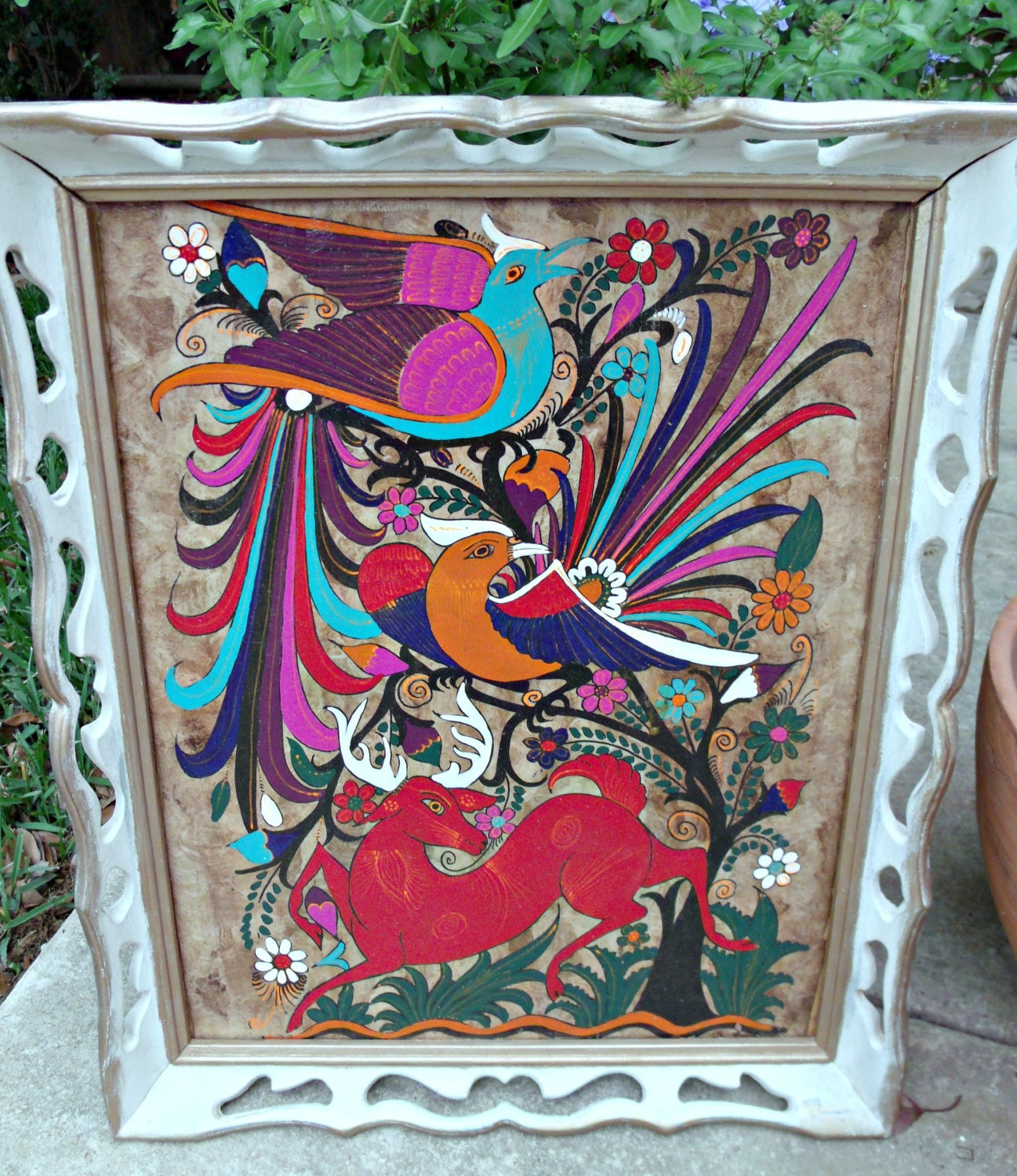 Amate Painting. Vintage Frame. Mexican Folk Art. Whimsical. Repurposed. Spanish Decor. Mediterranean Decor. Tree Bark Art