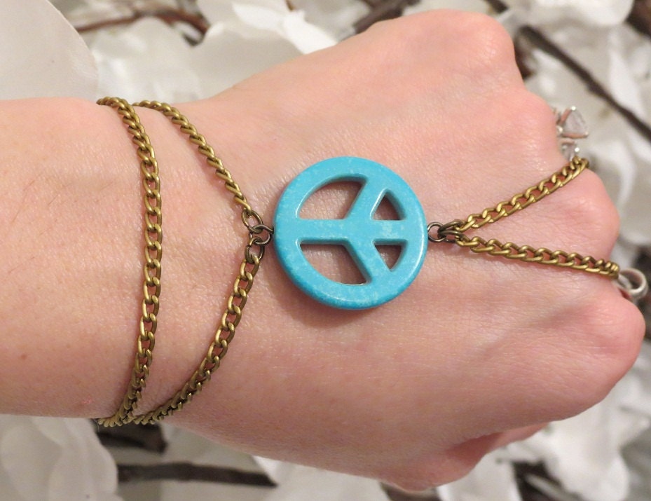 Stone Peace Sign Slave Bracelet Ring. Tumbled Blue Turquoise Gemstone Peace Sign on Light Weight Bronze colored Aluminum Chain. Custom Size