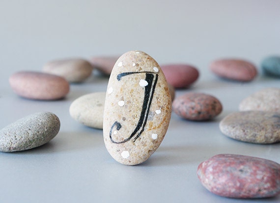 Any Initial Letter with Magnet, Monogram, Letter J, Beach Stone, Personal Gift Idea, Beach Pebbles by HappyEmotions