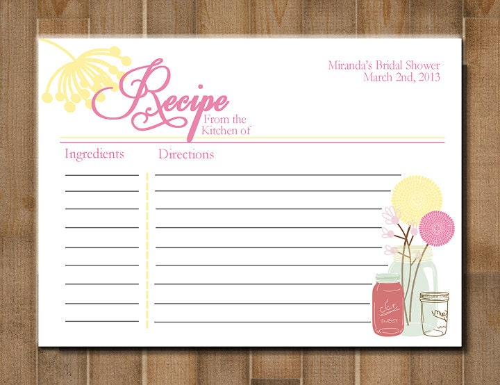 PRINTABLE  Recipe Card: "Mason Jar"  -- Bridal Shower, Bachelorette Party -- CUSTOM