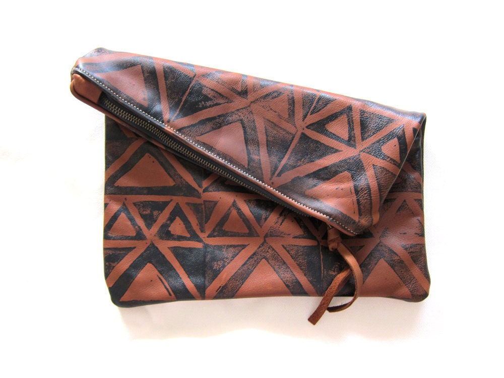 Large brown and black hand-printed leather triangles clutch