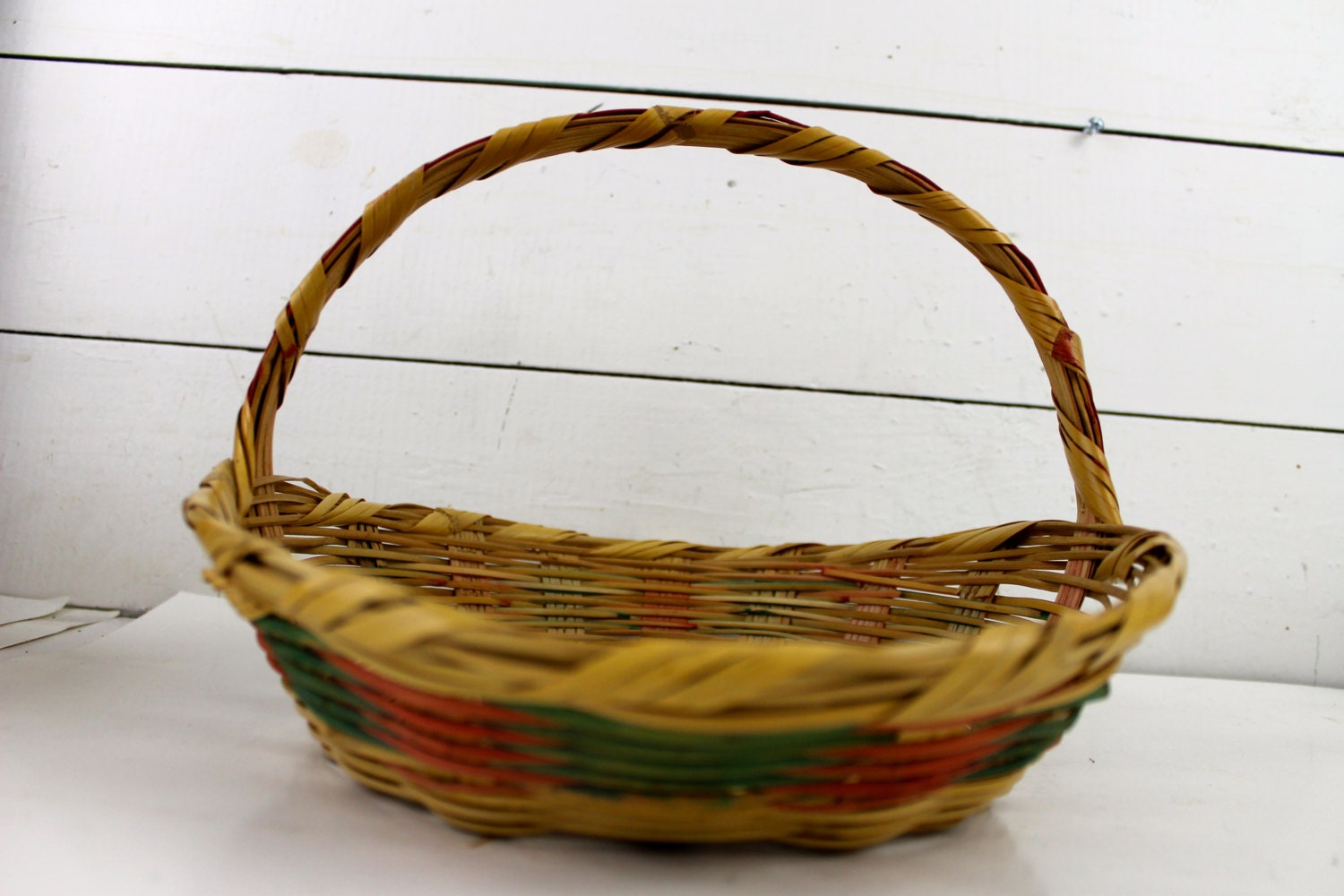 VIntage Wicker  Easter Basket Made in Mexico Fluted Shallow Easter Basket Vintage