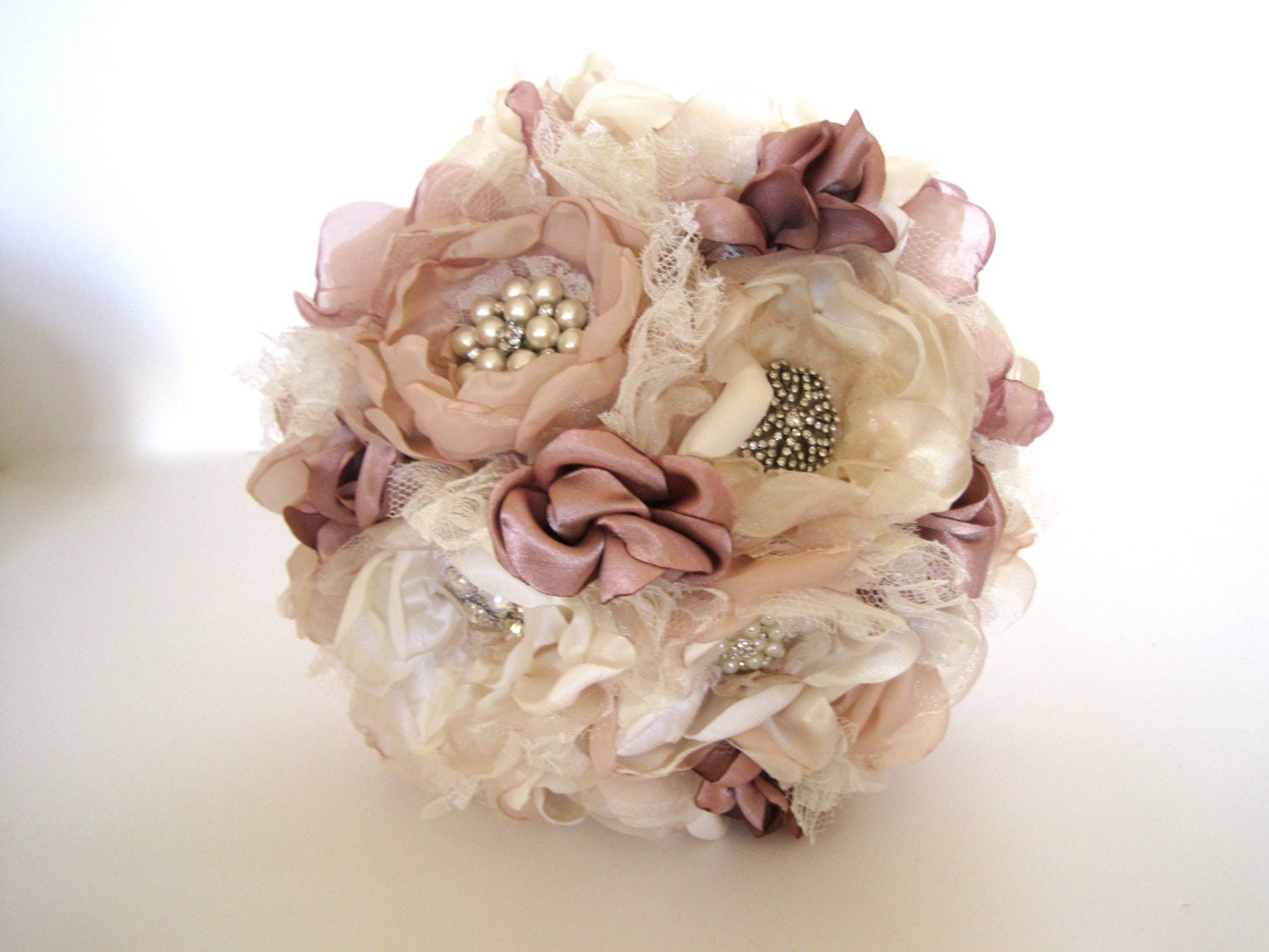 Wedding Bouquet Vintage Inspired Fabric Brooch Bouquet in Ivory Champagne and Dusty Rose with Pearls Rhinestones and Lace Custom Made