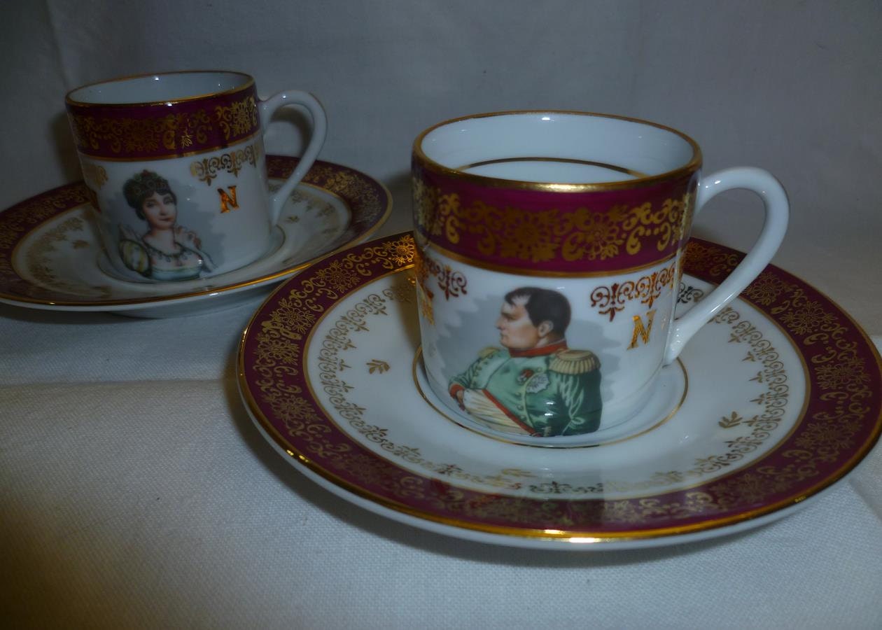 French Coffee Cups, Pair, Demi Tasse, Limoges, Napoleon & Josephine.