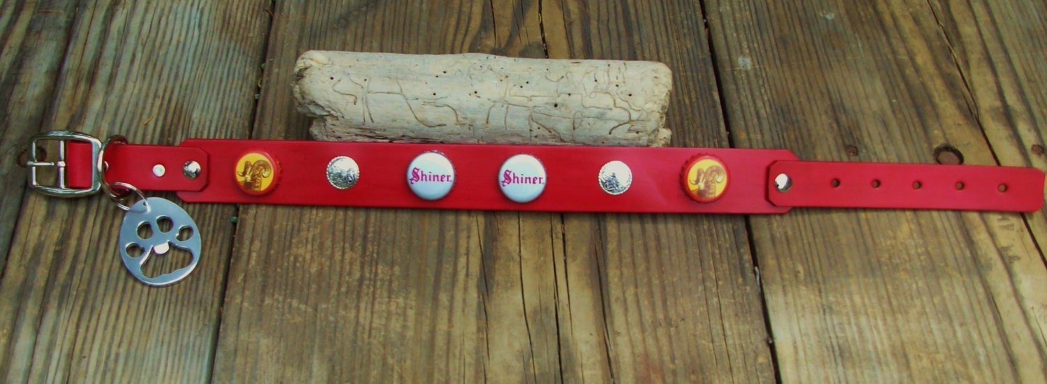 Texas Shiner Bock Beer Cap Leather dog collar with paw shaped bottle opener and Silver Conchos. Any Color. Custom.