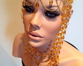 Sale READY TO SHIP Gold Goddess Genuine Crystal headdress headpiece avant garde rhinestone jewelry fantasy tribal gypsy layered chain
