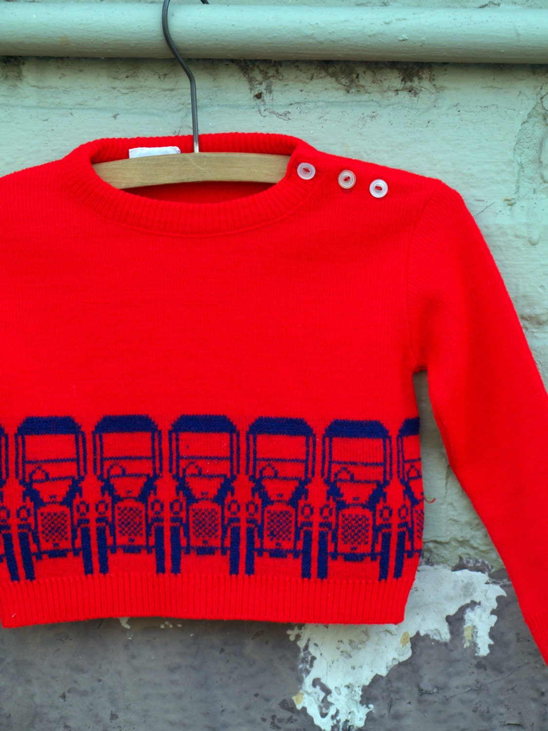 vintage orangey red knit sweater with old timey automobiles - a little angel original