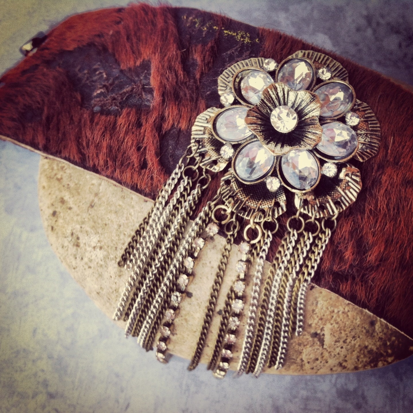 Hair On Hide Leather Cuff Bracelet with Crystal Flower Cowgirl Chic Crystal Leather Wristband